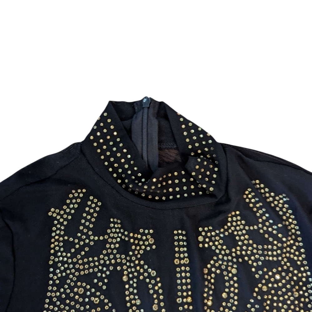 Sexy Gold Rhinestone Sheer Black Long Sleeve Bodysuit Sz S - Picture 4 of 8